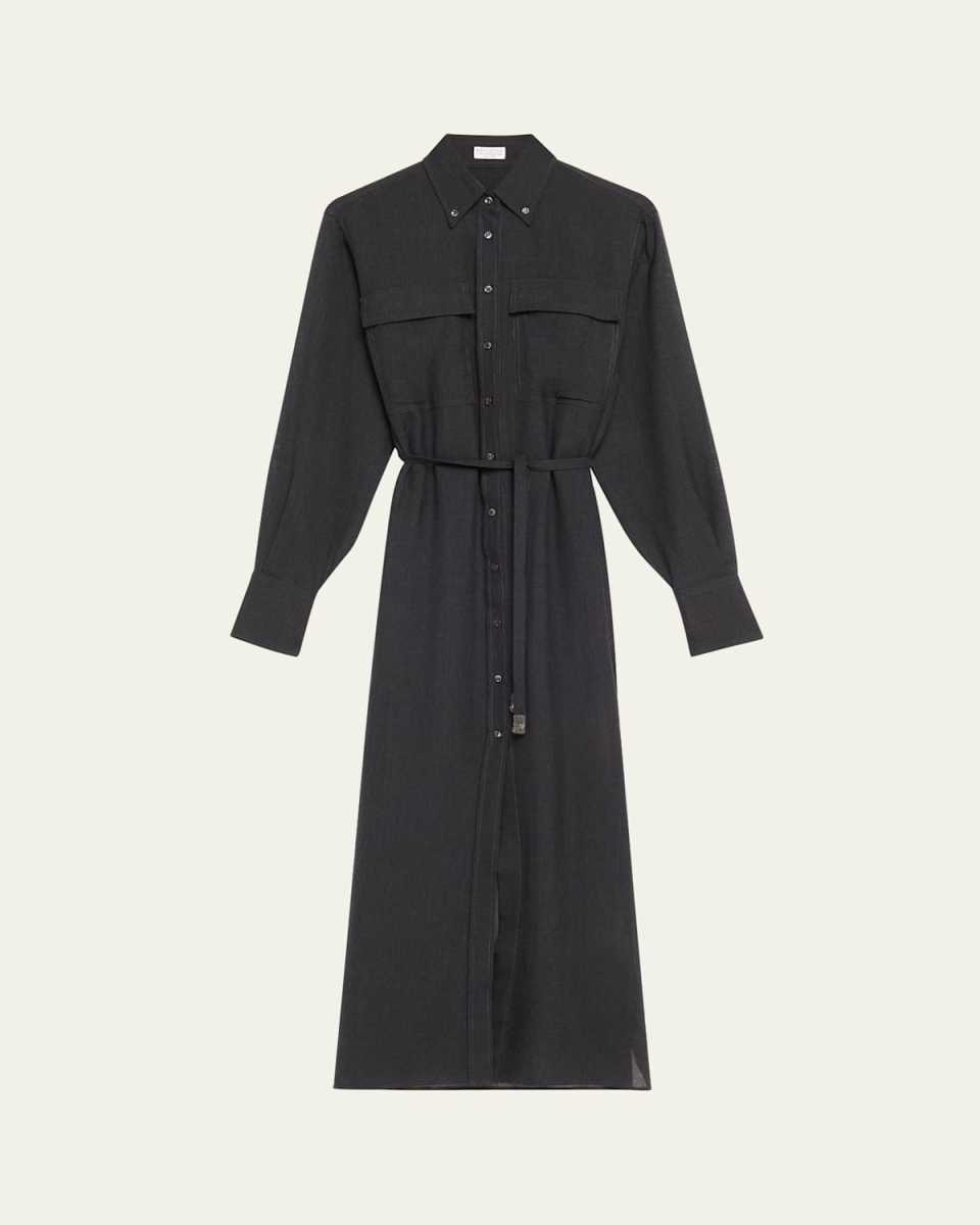 Long Wool Gauze Shirt Jacket Dress with Waist Tie